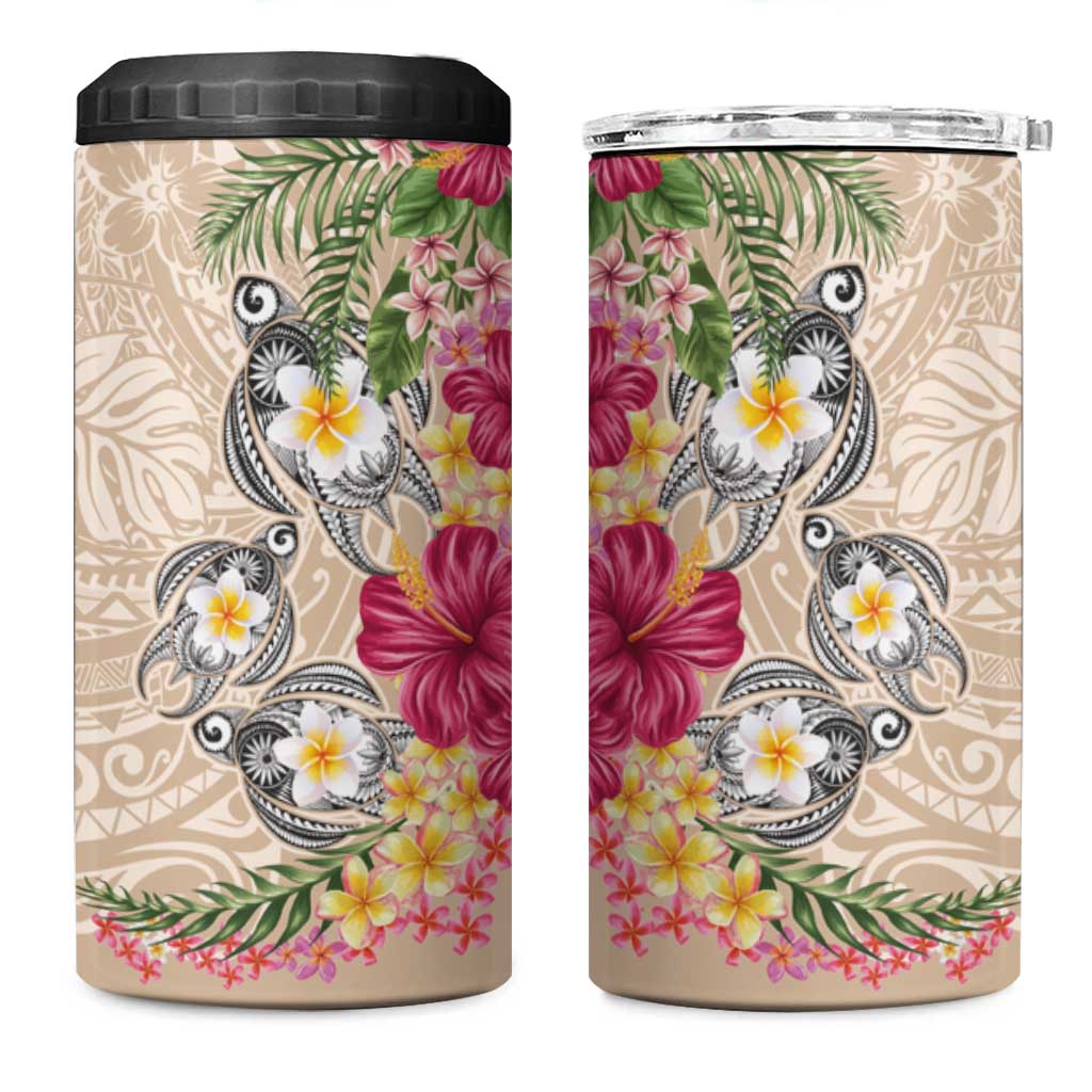 Hawaiian Tropical Flowers and Tribal Turtles 4 in 1 Can Cooler Tumbler Polynesian Art Motifs Beige Color - Polynesian Pride