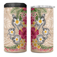 Hawaiian Tropical Flowers and Tribal Turtles 4 in 1 Can Cooler Tumbler Polynesian Art Motifs Beige Color - Polynesian Pride