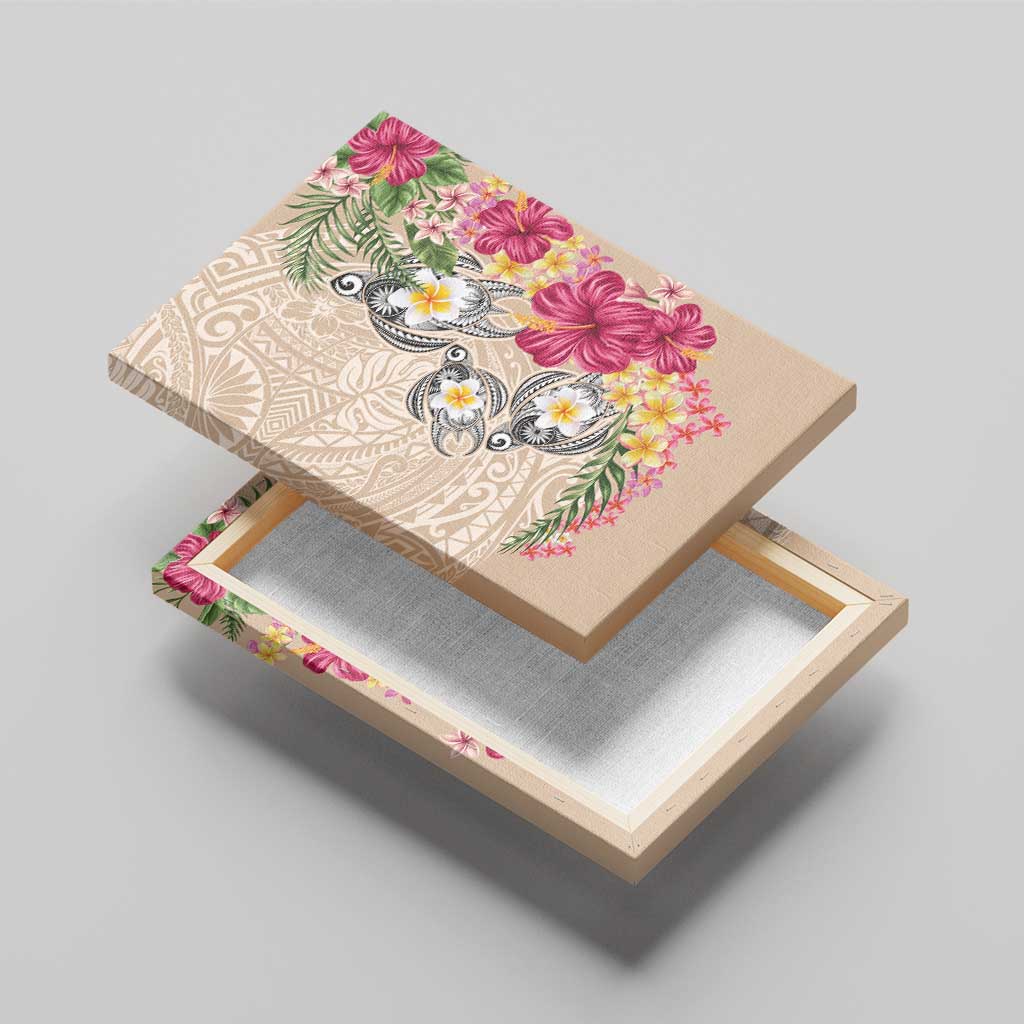 Hawaiian Tropical Flowers and Tribal Turtles Canvas Wall Art Polynesian Art Motifs Beige Color - Polynesian Pride