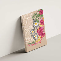 Hawaiian Tropical Flowers and Tribal Turtles Canvas Wall Art Polynesian Art Motifs Beige Color - Polynesian Pride
