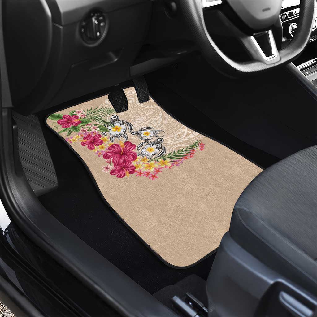 Hawaiian Tropical Flowers and Tribal Turtles Car Mats Polynesian Art Motifs Beige Color - Polynesian Pride