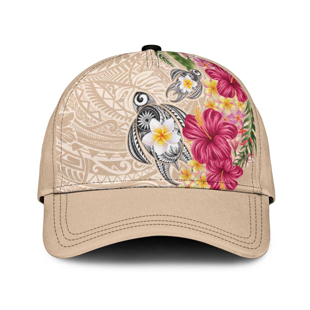Hawaiian Tropical Flowers and Tribal Turtles Classic Cap Polynesian Art Motifs Beige Color - Polynesian Pride
