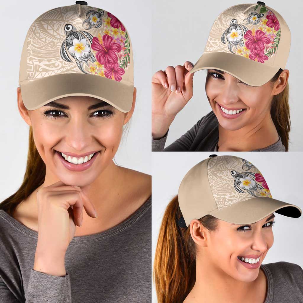 Hawaiian Tropical Flowers and Tribal Turtles Classic Cap Polynesian Art Motifs Beige Color - Polynesian Pride