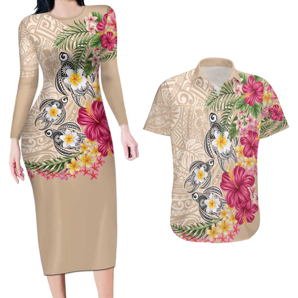 Hawaiian Tropical Flowers and Tribal Turtles Couples Matching Long Sleeve Bodycon Dress and Hawaiian Shirt Polynesian Art Motifs Beige Color - Polynesian Pride