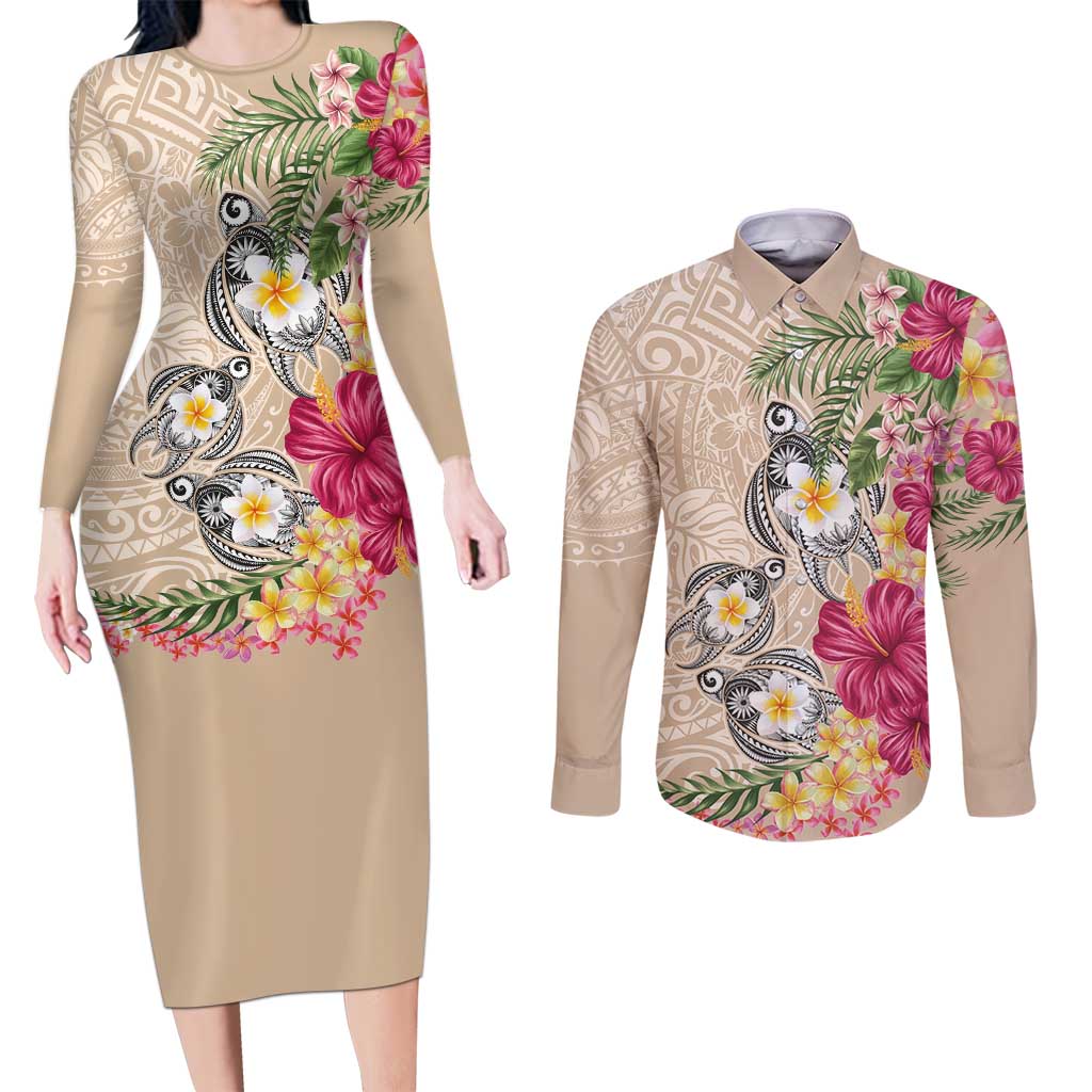Hawaiian Tropical Flowers and Tribal Turtles Couples Matching Long Sleeve Bodycon Dress and Long Sleeve Button Shirt Polynesian Art Motifs Beige Color - Polynesian Pride