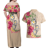 Hawaiian Tropical Flowers and Tribal Turtles Couples Matching Off Shoulder Maxi Dress and Hawaiian Shirt Polynesian Art Motifs Beige Color - Polynesian Pride