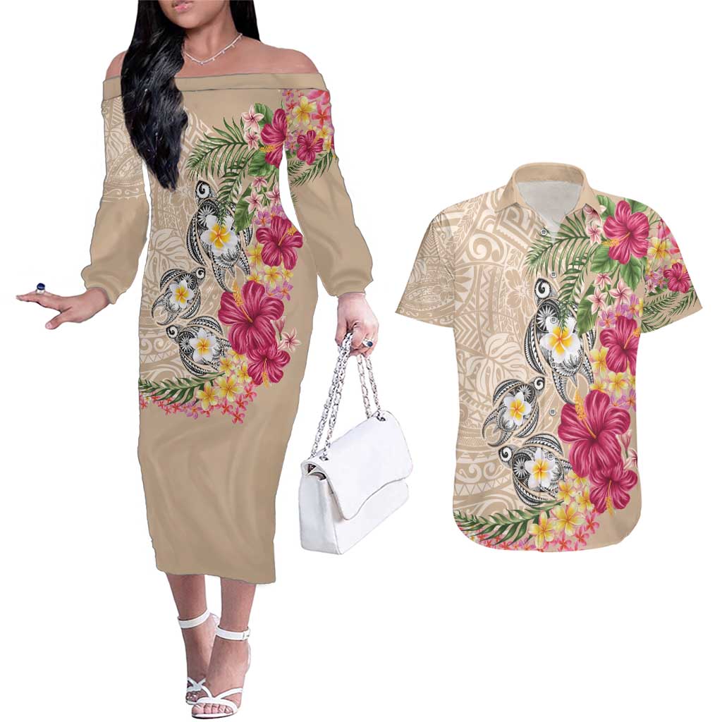 Hawaiian Tropical Flowers and Tribal Turtles Couples Matching Off The Shoulder Long Sleeve Dress and Hawaiian Shirt Polynesian Art Motifs Beige Color - Polynesian Pride