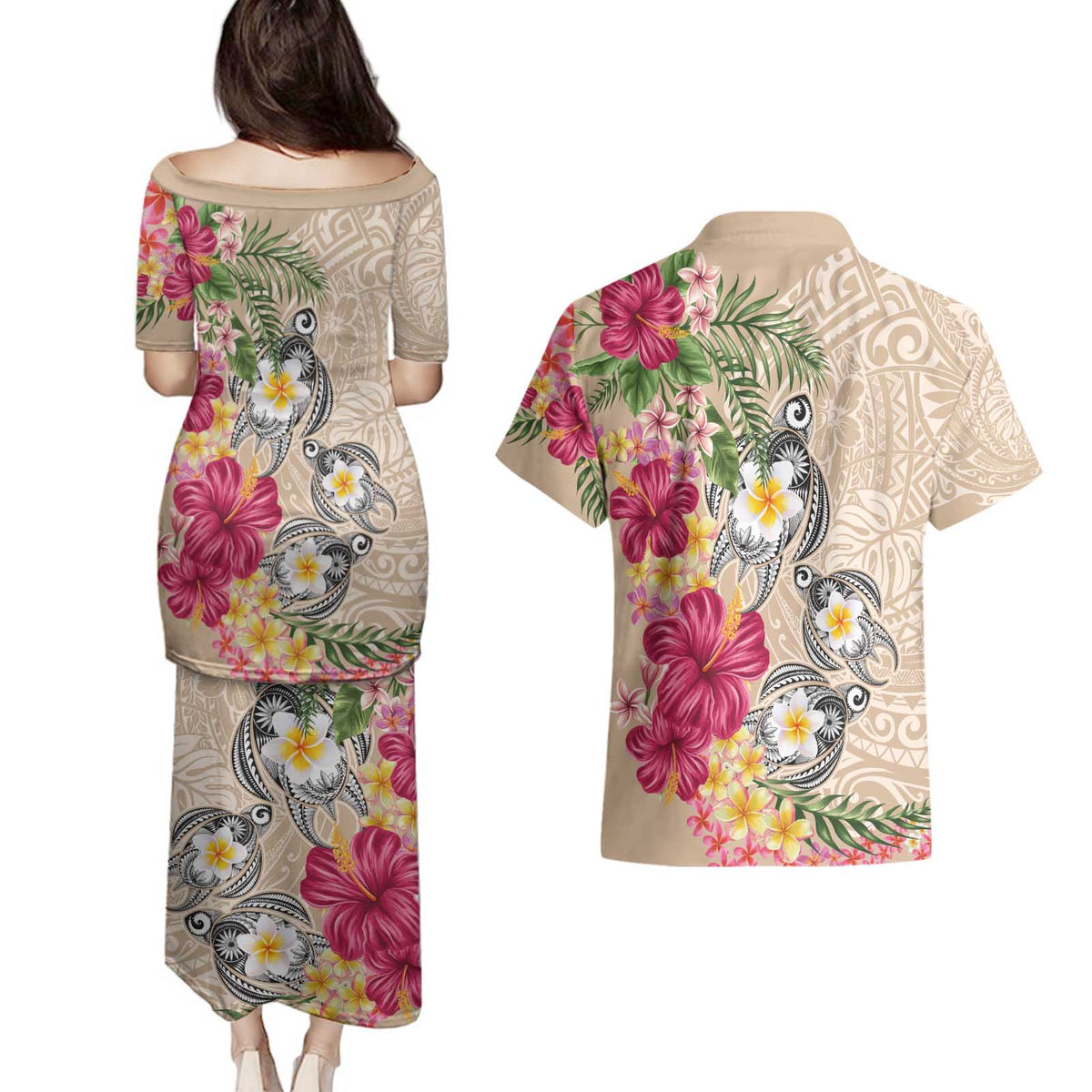 Hawaiian Tropical Flowers and Tribal Turtles Couples Matching Puletasi and Hawaiian Shirt Polynesian Art Motifs Beige Color - Polynesian Pride