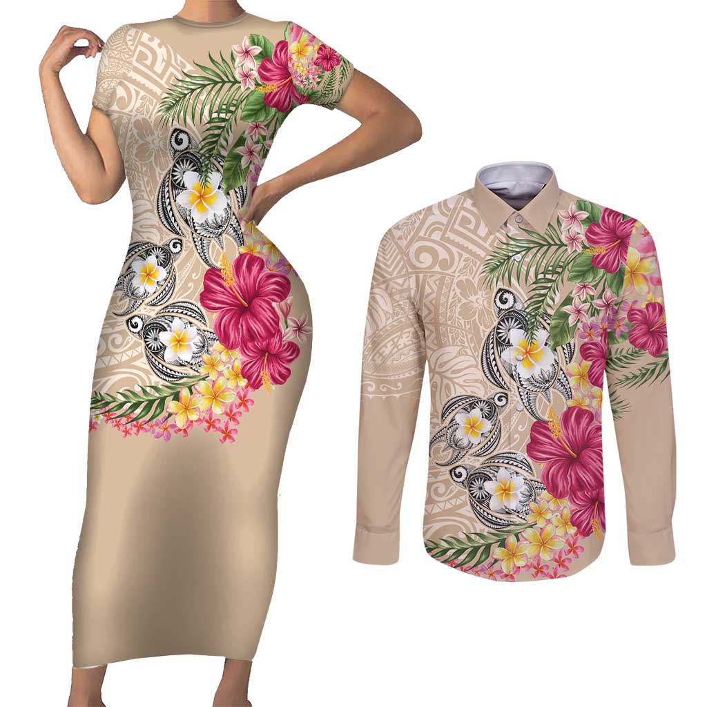 Hawaiian Tropical Flowers and Tribal Turtles Couples Matching Short Sleeve Bodycon Dress and Long Sleeve Button Shirt Polynesian Art Motifs Beige Color - Polynesian Pride