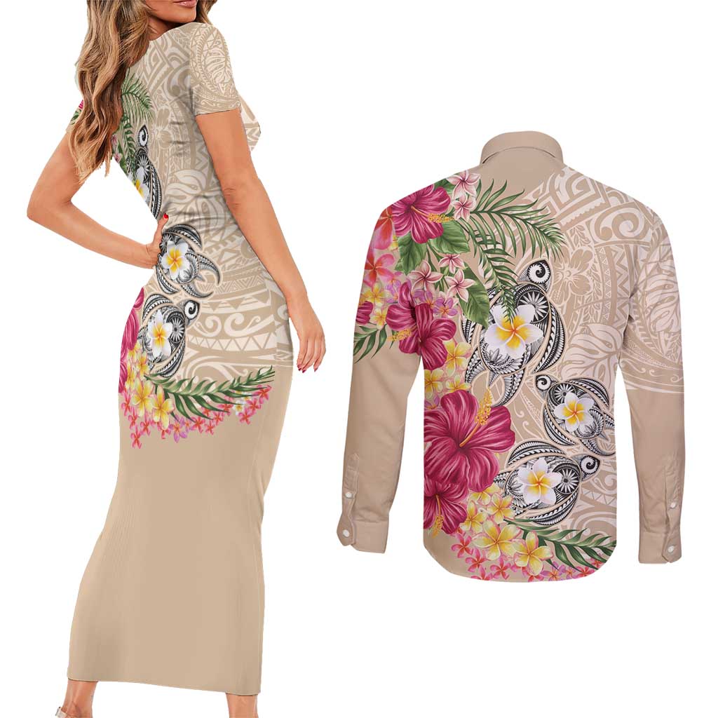 Hawaiian Tropical Flowers and Tribal Turtles Couples Matching Short Sleeve Bodycon Dress and Long Sleeve Button Shirt Polynesian Art Motifs Beige Color - Polynesian Pride