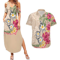 Hawaiian Tropical Flowers and Tribal Turtles Couples Matching Summer Maxi Dress and Hawaiian Shirt Polynesian Art Motifs Beige Color - Polynesian Pride