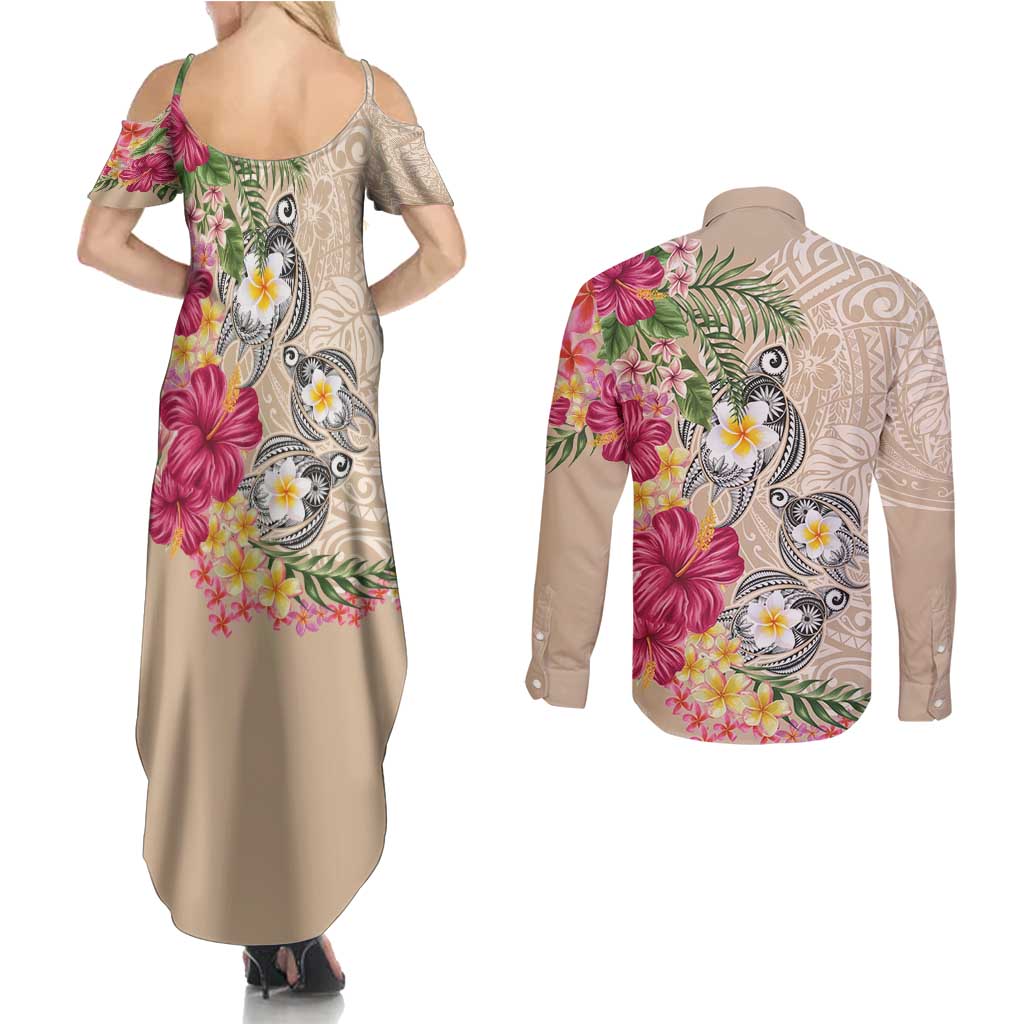 Hawaiian Tropical Flowers and Tribal Turtles Couples Matching Summer Maxi Dress and Long Sleeve Button Shirt Polynesian Art Motifs Beige Color - Polynesian Pride