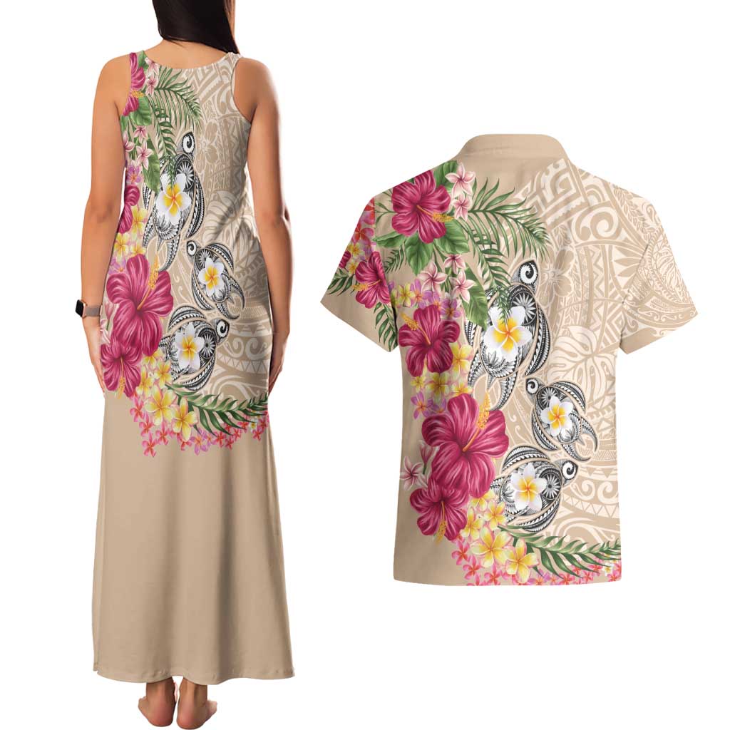 Hawaiian Tropical Flowers and Tribal Turtles Couples Matching Tank Maxi Dress and Hawaiian Shirt Polynesian Art Motifs Beige Color - Polynesian Pride