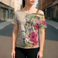 Hawaiian Tropical Flowers and Tribal Turtles Cross Shoulder Shirt Polynesian Art Motifs Beige Color - Polynesian Pride