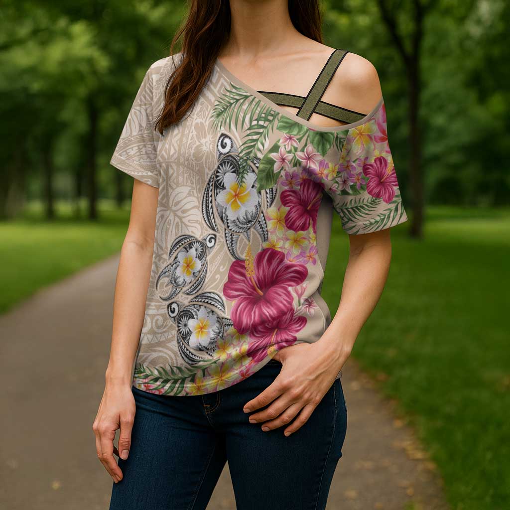 Hawaiian Tropical Flowers and Tribal Turtles Cross Shoulder Shirt Polynesian Art Motifs Beige Color - Polynesian Pride