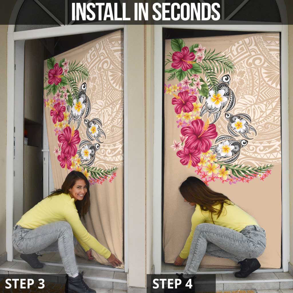 Hawaiian Tropical Flowers and Tribal Turtles Door Cover Polynesian Art Motifs Beige Color - Polynesian Pride