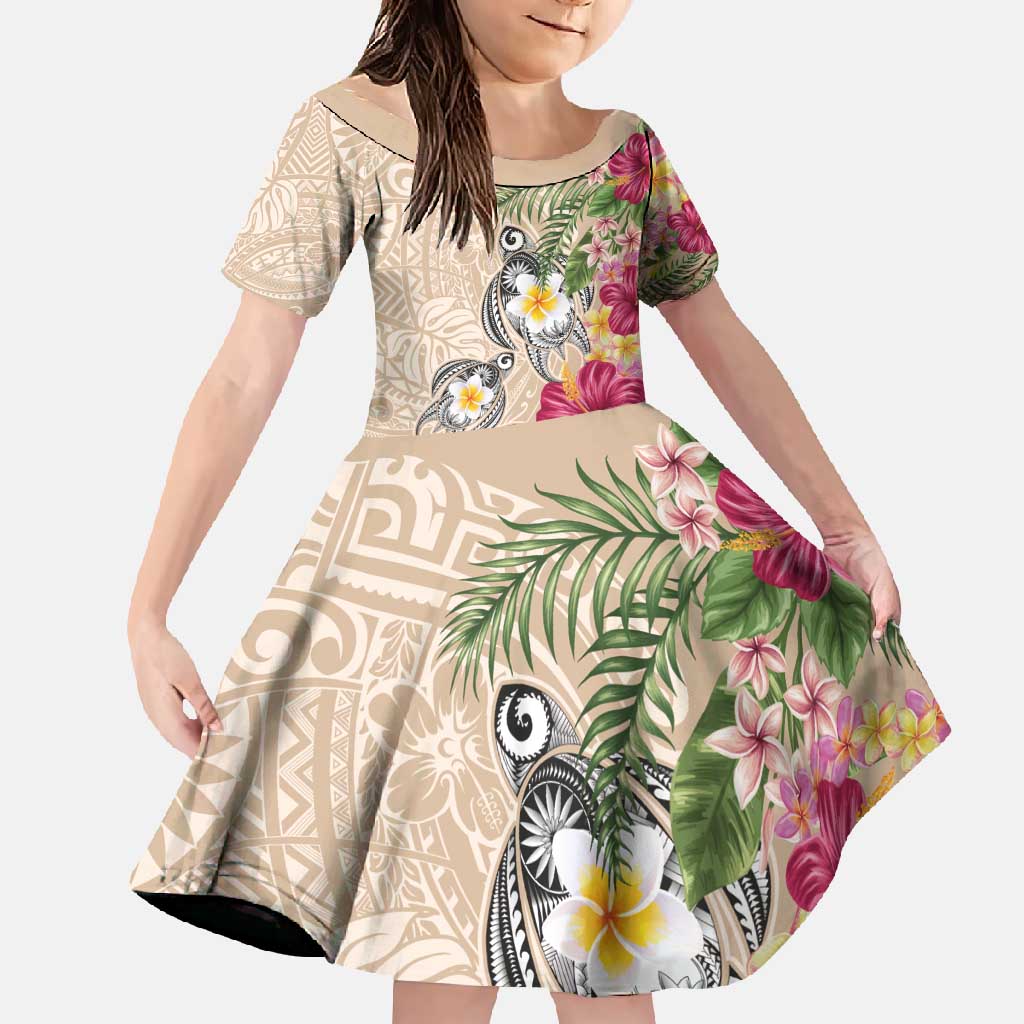 Hawaiian Tropical Flowers and Tribal Turtles Family Matching Mermaid Dress and Hawaiian Shirt Polynesian Art Motifs Beige Color - Polynesian Pride