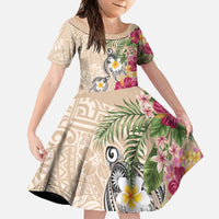 Hawaiian Tropical Flowers and Tribal Turtles Family Matching Mermaid Dress and Hawaiian Shirt Polynesian Art Motifs Beige Color - Polynesian Pride