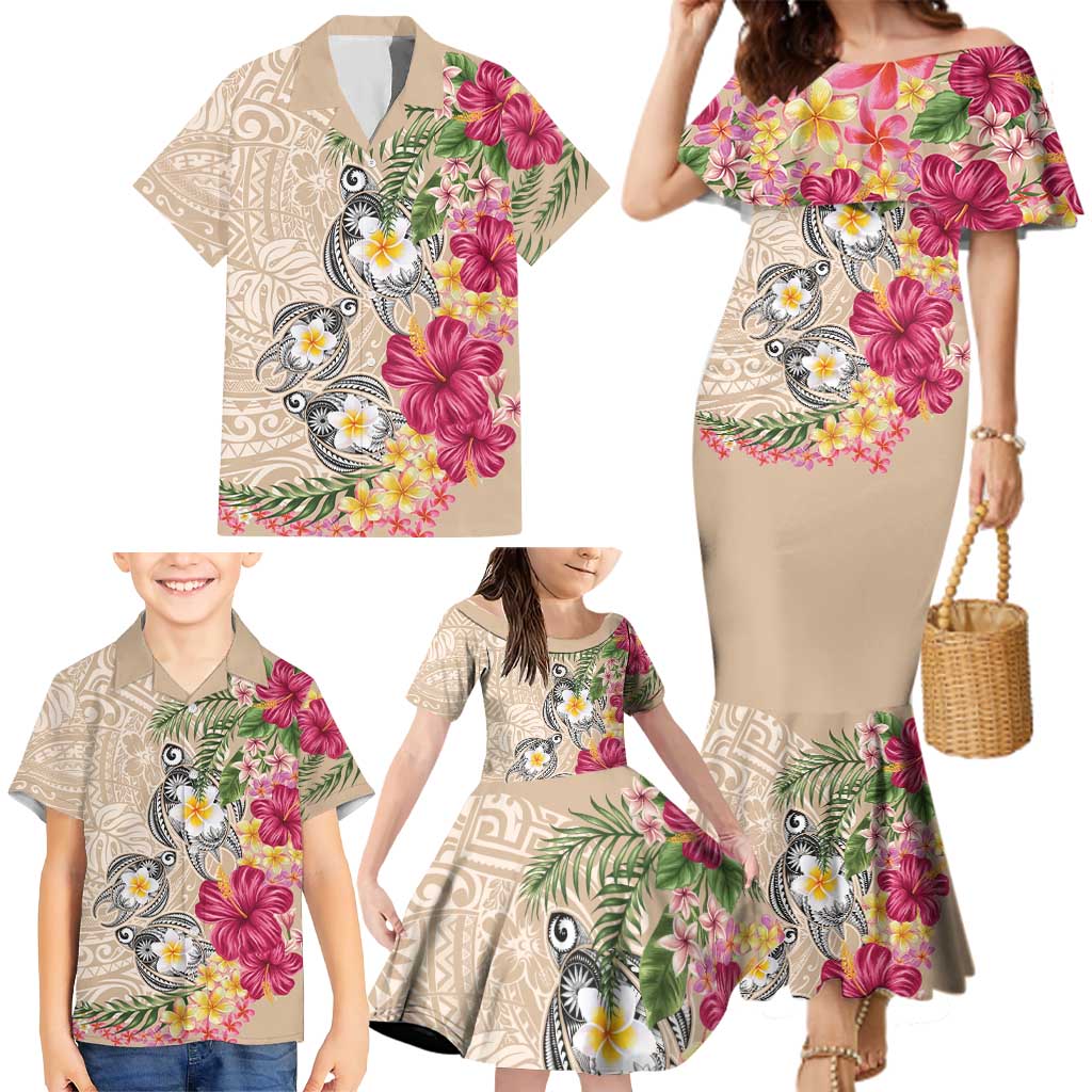 Hawaiian Tropical Flowers and Tribal Turtles Family Matching Mermaid Dress and Hawaiian Shirt Polynesian Art Motifs Beige Color LT03 - Polynesian Pride