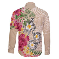 Hawaiian Tropical Flowers and Tribal Turtles Family Matching Mermaid Dress and Hawaiian Shirt Polynesian Art Motifs Beige Color - Polynesian Pride