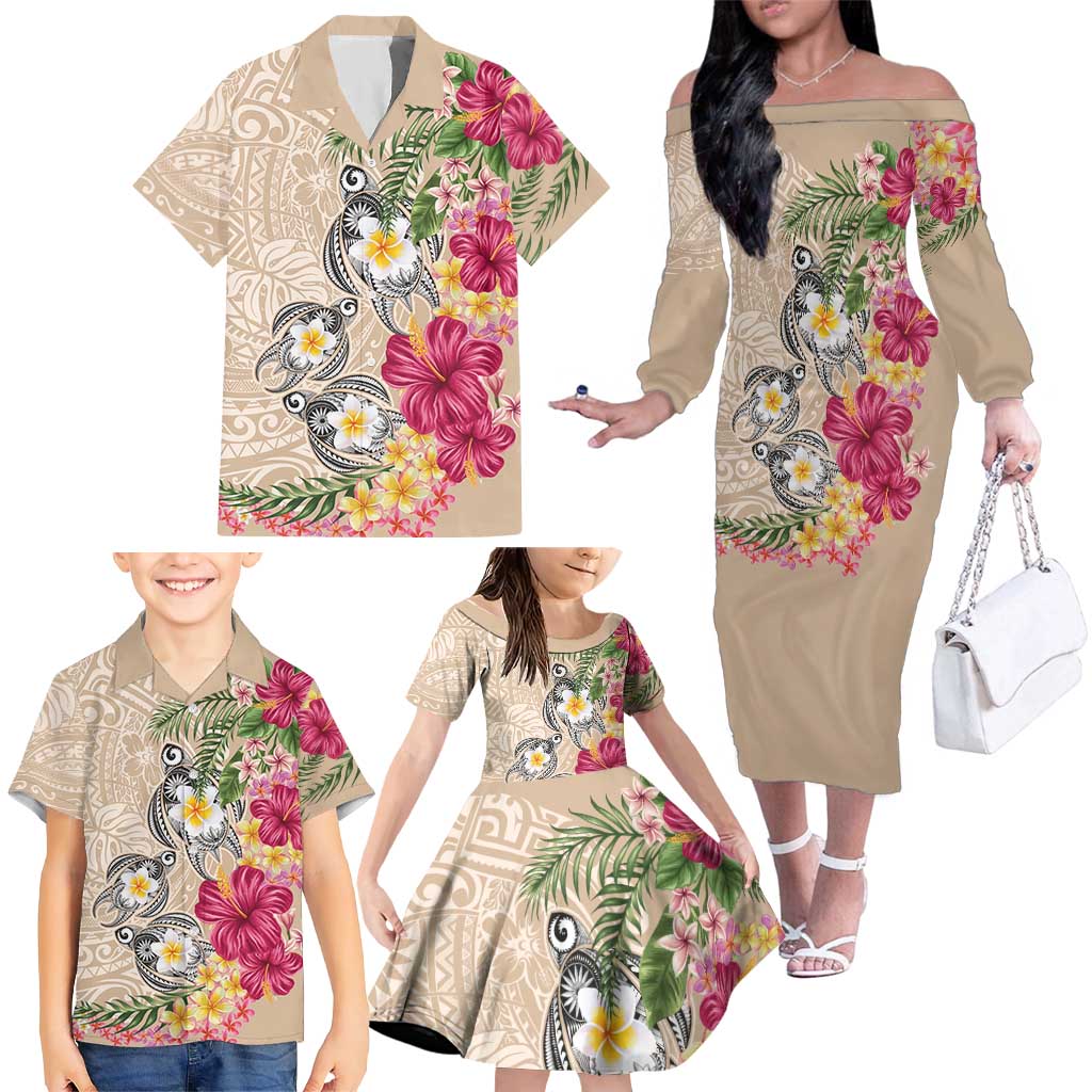 Hawaiian Tropical Flowers and Tribal Turtles Family Matching Off The Shoulder Long Sleeve Dress and Hawaiian Shirt Polynesian Art Motifs Beige Color LT03 - Polynesian Pride
