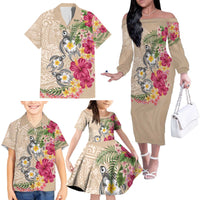 Hawaiian Tropical Flowers and Tribal Turtles Family Matching Off The Shoulder Long Sleeve Dress and Hawaiian Shirt Polynesian Art Motifs Beige Color - Polynesian Pride