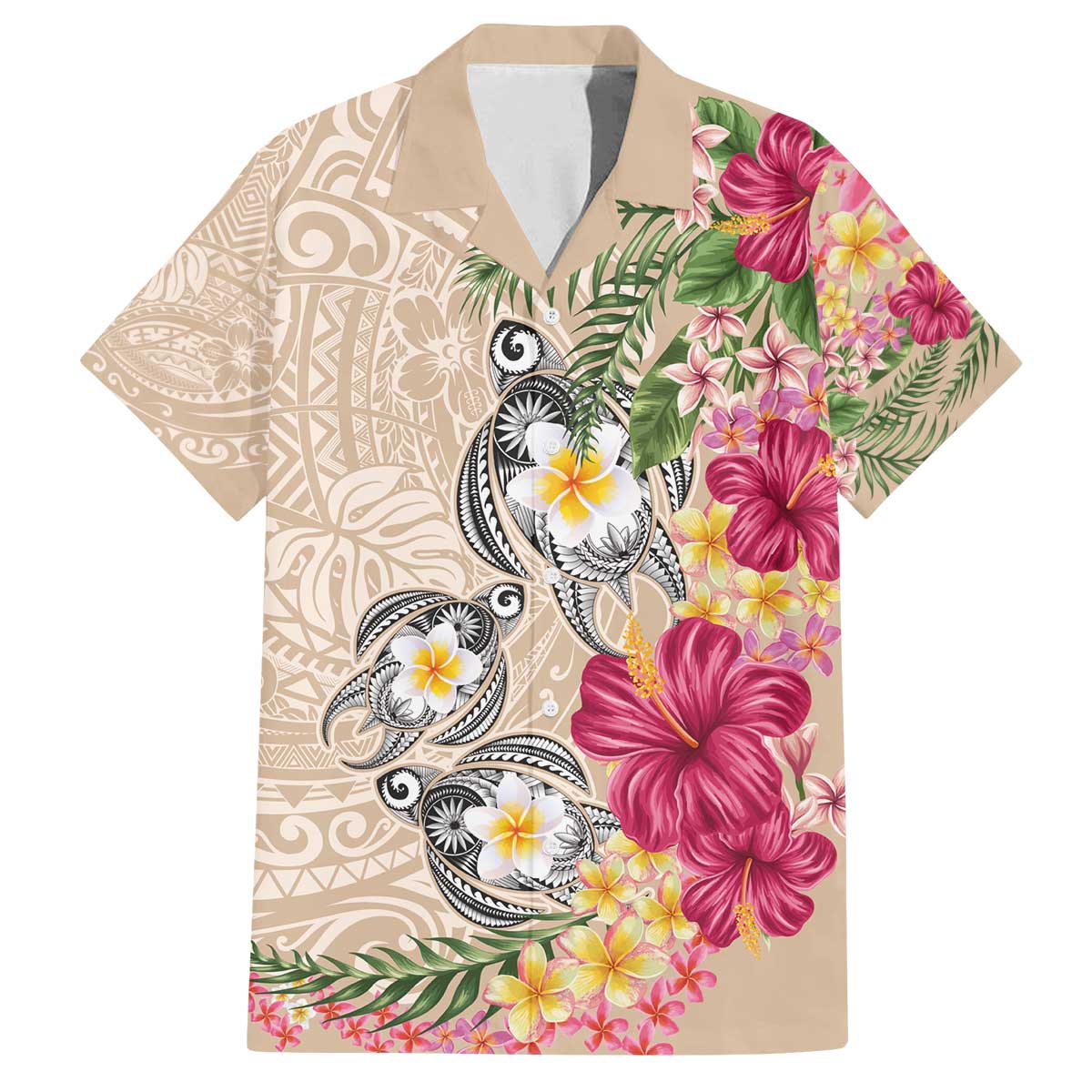 Hawaiian Tropical Flowers and Tribal Turtles Family Matching Off The Shoulder Long Sleeve Dress and Hawaiian Shirt Polynesian Art Motifs Beige Color - Polynesian Pride