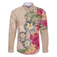 Hawaiian Tropical Flowers and Tribal Turtles Family Matching Off The Shoulder Long Sleeve Dress and Hawaiian Shirt Polynesian Art Motifs Beige Color - Polynesian Pride