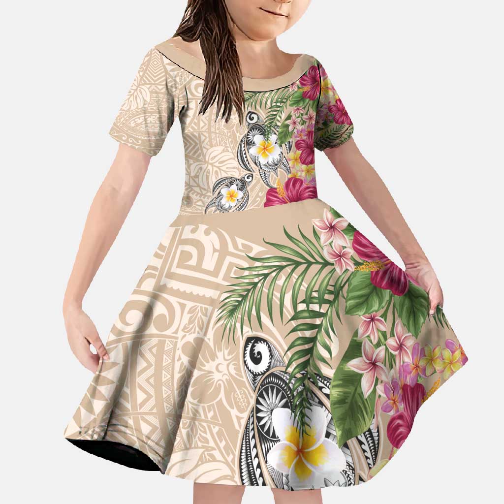 Hawaiian Tropical Flowers and Tribal Turtles Family Matching Off Shoulder Maxi Dress and Hawaiian Shirt Polynesian Art Motifs Beige Color - Polynesian Pride