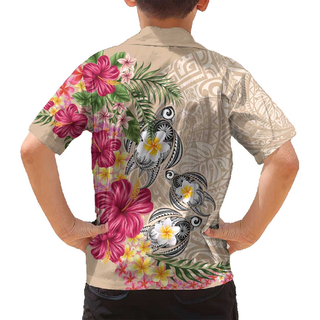 Hawaiian Tropical Flowers and Tribal Turtles Family Matching Off Shoulder Short Dress and Hawaiian Shirt Polynesian Art Motifs Beige Color - Polynesian Pride