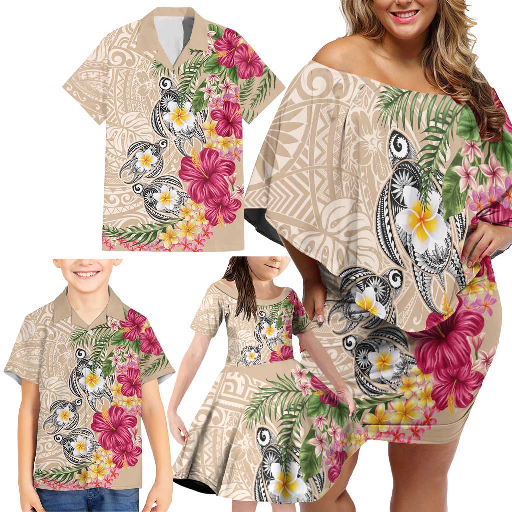 Hawaiian Tropical Flowers and Tribal Turtles Family Matching Off Shoulder Short Dress and Hawaiian Shirt Polynesian Art Motifs Beige Color LT03 - Polynesian Pride