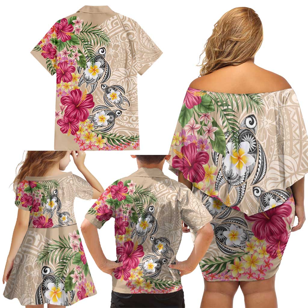 Hawaiian Tropical Flowers and Tribal Turtles Family Matching Off Shoulder Short Dress and Hawaiian Shirt Polynesian Art Motifs Beige Color - Polynesian Pride