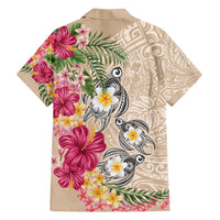 Hawaiian Tropical Flowers and Tribal Turtles Family Matching Off Shoulder Short Dress and Hawaiian Shirt Polynesian Art Motifs Beige Color - Polynesian Pride