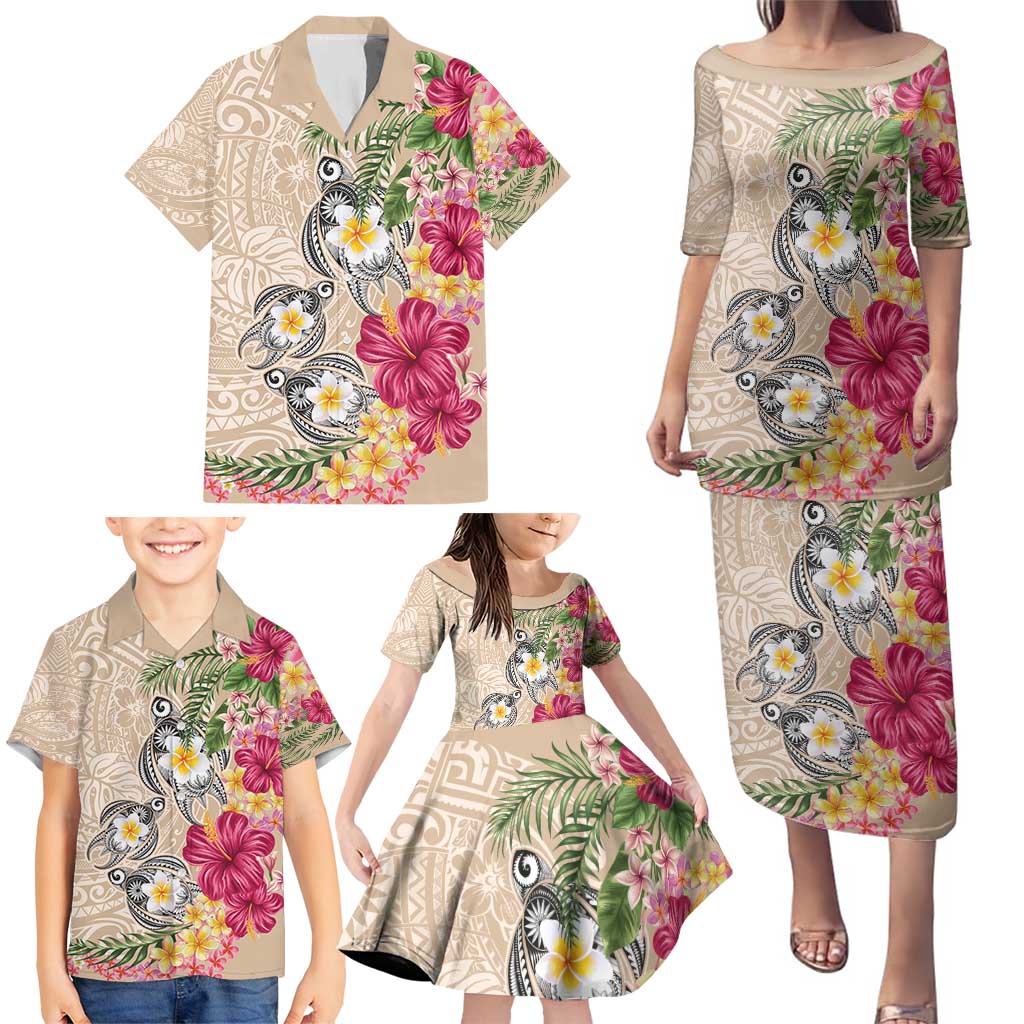 Hawaiian Tropical Flowers and Tribal Turtles Family Matching Puletasi and Hawaiian Shirt Polynesian Art Motifs Beige Color - Polynesian Pride