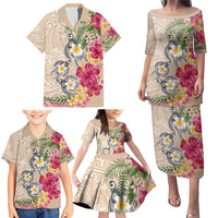 Hawaiian Tropical Flowers and Tribal Turtles Family Matching Puletasi and Hawaiian Shirt Polynesian Art Motifs Beige Color - Polynesian Pride