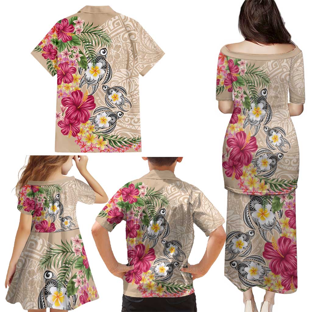Hawaiian Tropical Flowers and Tribal Turtles Family Matching Puletasi and Hawaiian Shirt Polynesian Art Motifs Beige Color - Polynesian Pride