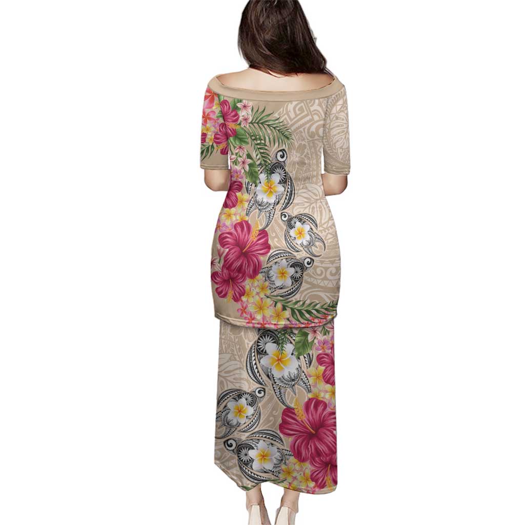 Hawaiian Tropical Flowers and Tribal Turtles Family Matching Puletasi and Hawaiian Shirt Polynesian Art Motifs Beige Color - Polynesian Pride