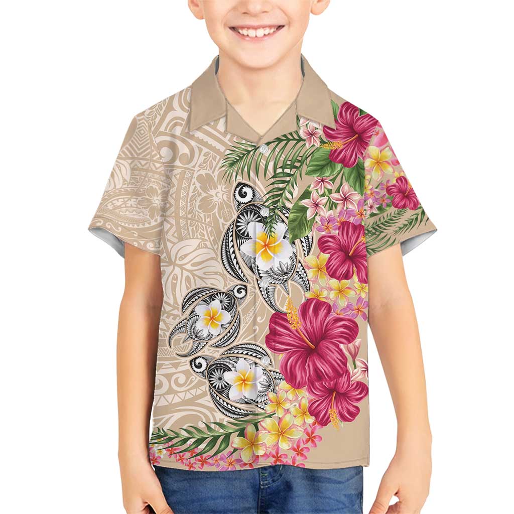 Hawaiian Tropical Flowers and Tribal Turtles Family Matching Puletasi and Hawaiian Shirt Polynesian Art Motifs Beige Color - Polynesian Pride