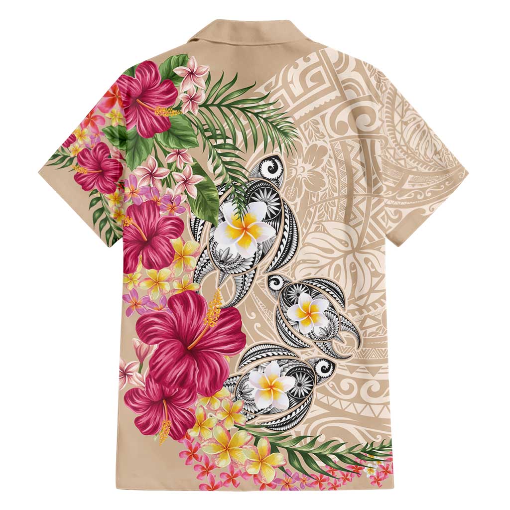 Hawaiian Tropical Flowers and Tribal Turtles Family Matching Short Sleeve Bodycon Dress and Hawaiian Shirt Polynesian Art Motifs Beige Color - Polynesian Pride