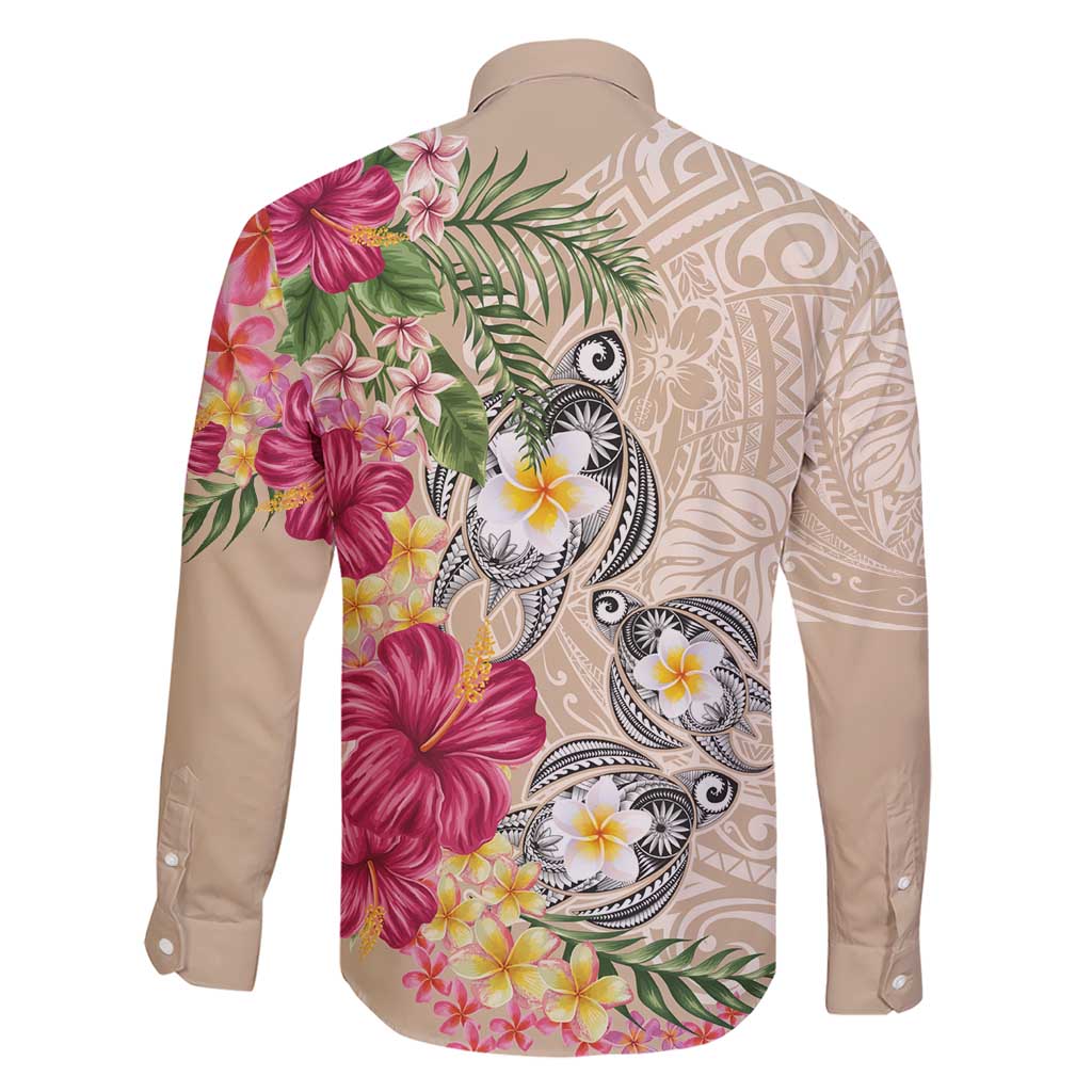 Hawaiian Tropical Flowers and Tribal Turtles Family Matching Short Sleeve Bodycon Dress and Hawaiian Shirt Polynesian Art Motifs Beige Color - Polynesian Pride