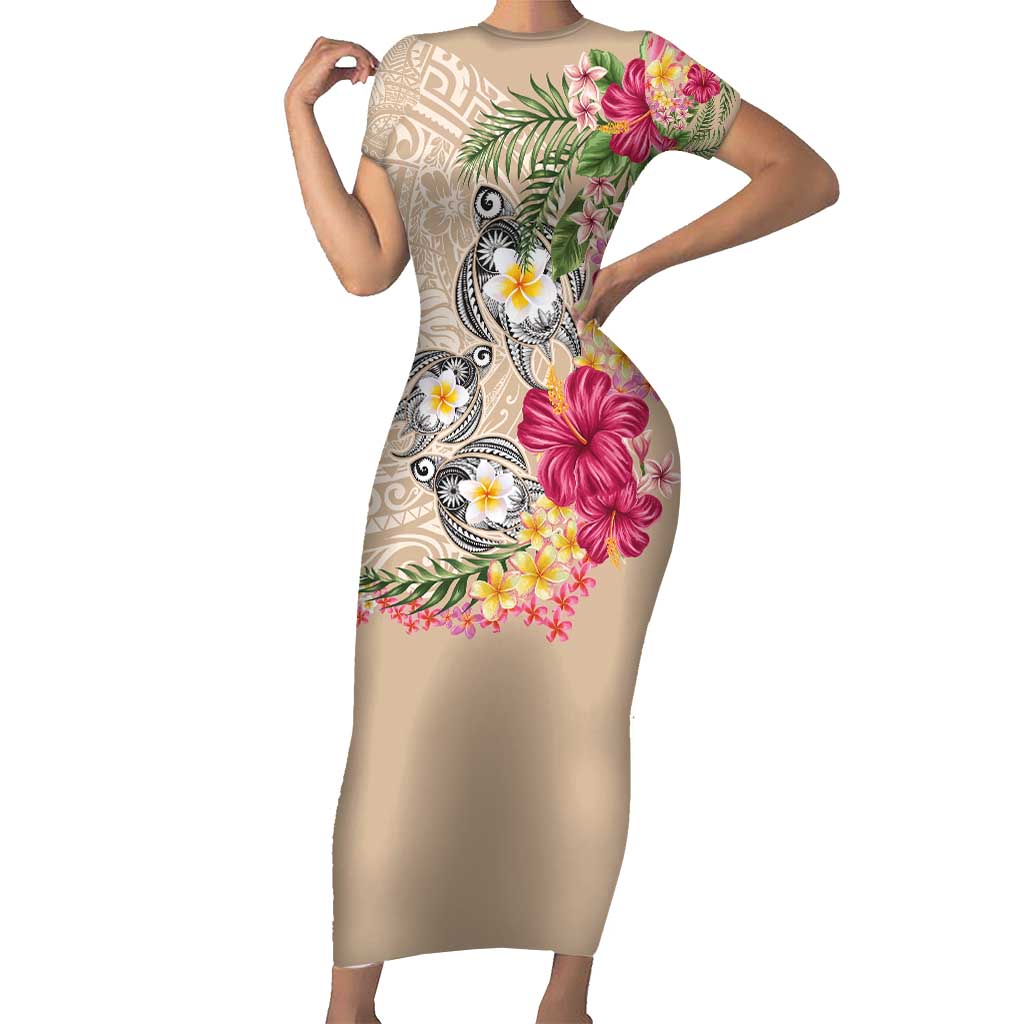 Hawaiian Tropical Flowers and Tribal Turtles Family Matching Short Sleeve Bodycon Dress and Hawaiian Shirt Polynesian Art Motifs Beige Color - Polynesian Pride