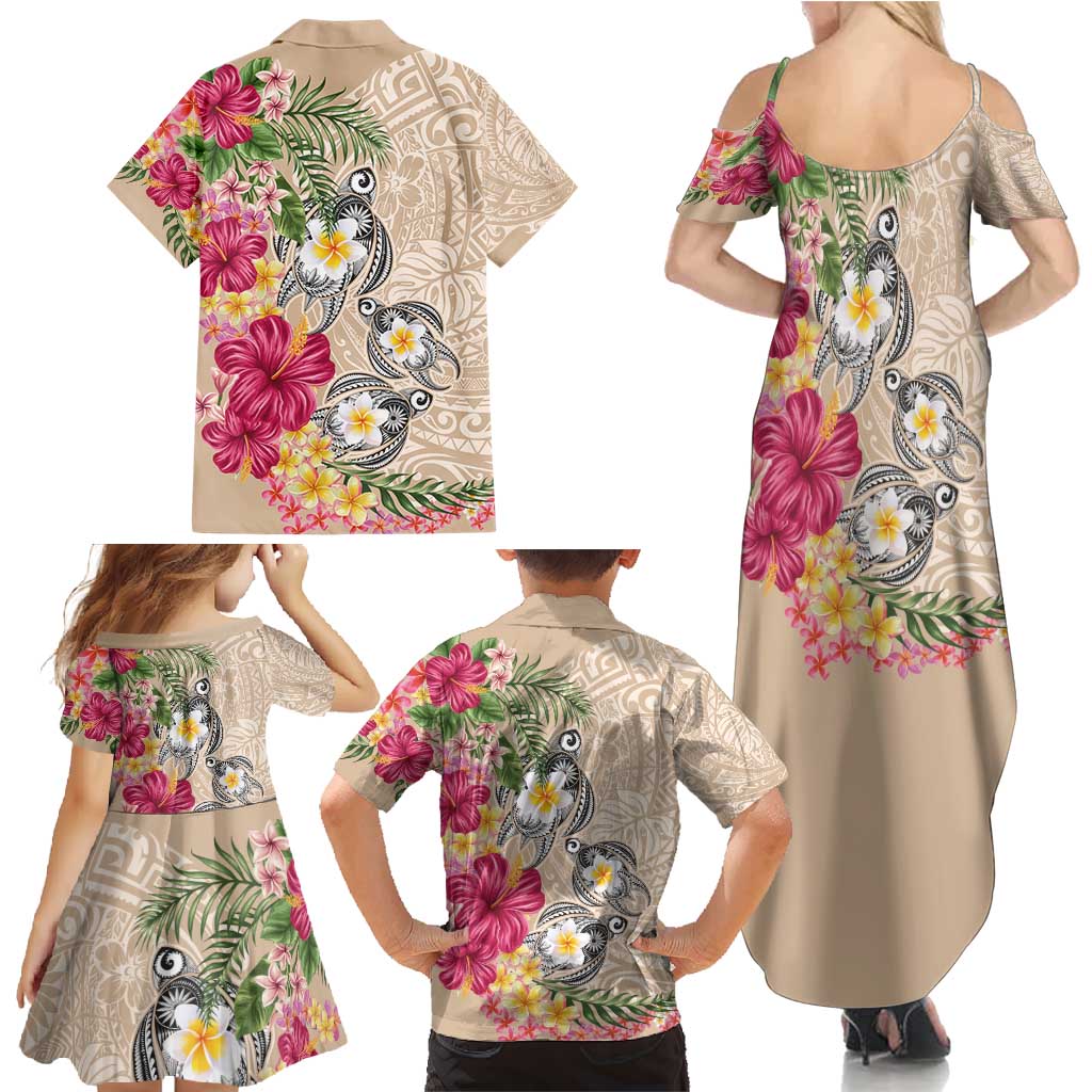 Hawaiian Tropical Flowers and Tribal Turtles Family Matching Summer Maxi Dress and Hawaiian Shirt Polynesian Art Motifs Beige Color - Polynesian Pride