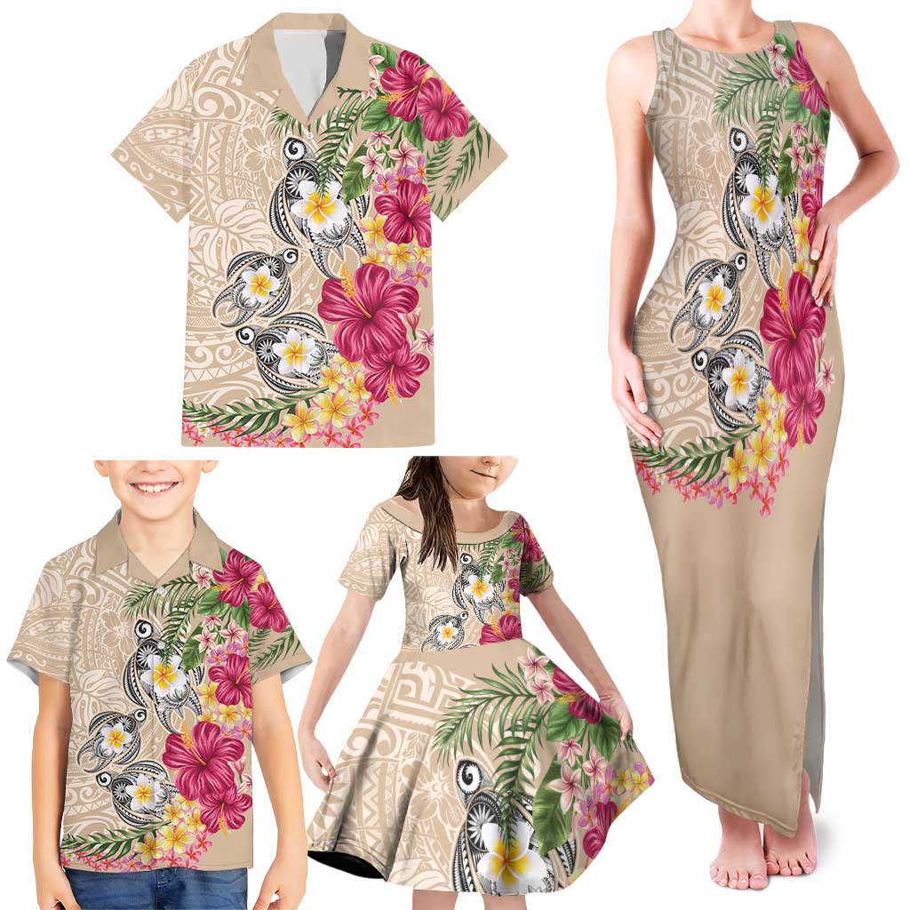 Hawaiian Tropical Flowers and Tribal Turtles Family Matching Tank Maxi Dress and Hawaiian Shirt Polynesian Art Motifs Beige Color LT03 - Polynesian Pride