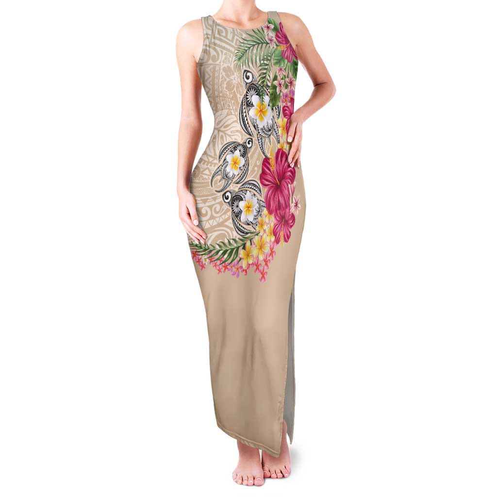 Hawaiian Tropical Flowers and Tribal Turtles Family Matching Tank Maxi Dress and Hawaiian Shirt Polynesian Art Motifs Beige Color - Polynesian Pride
