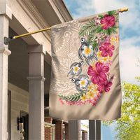 Hawaiian Tropical Flowers and Tribal Turtles Garden Flag Polynesian Art Motifs Beige Color - Polynesian Pride