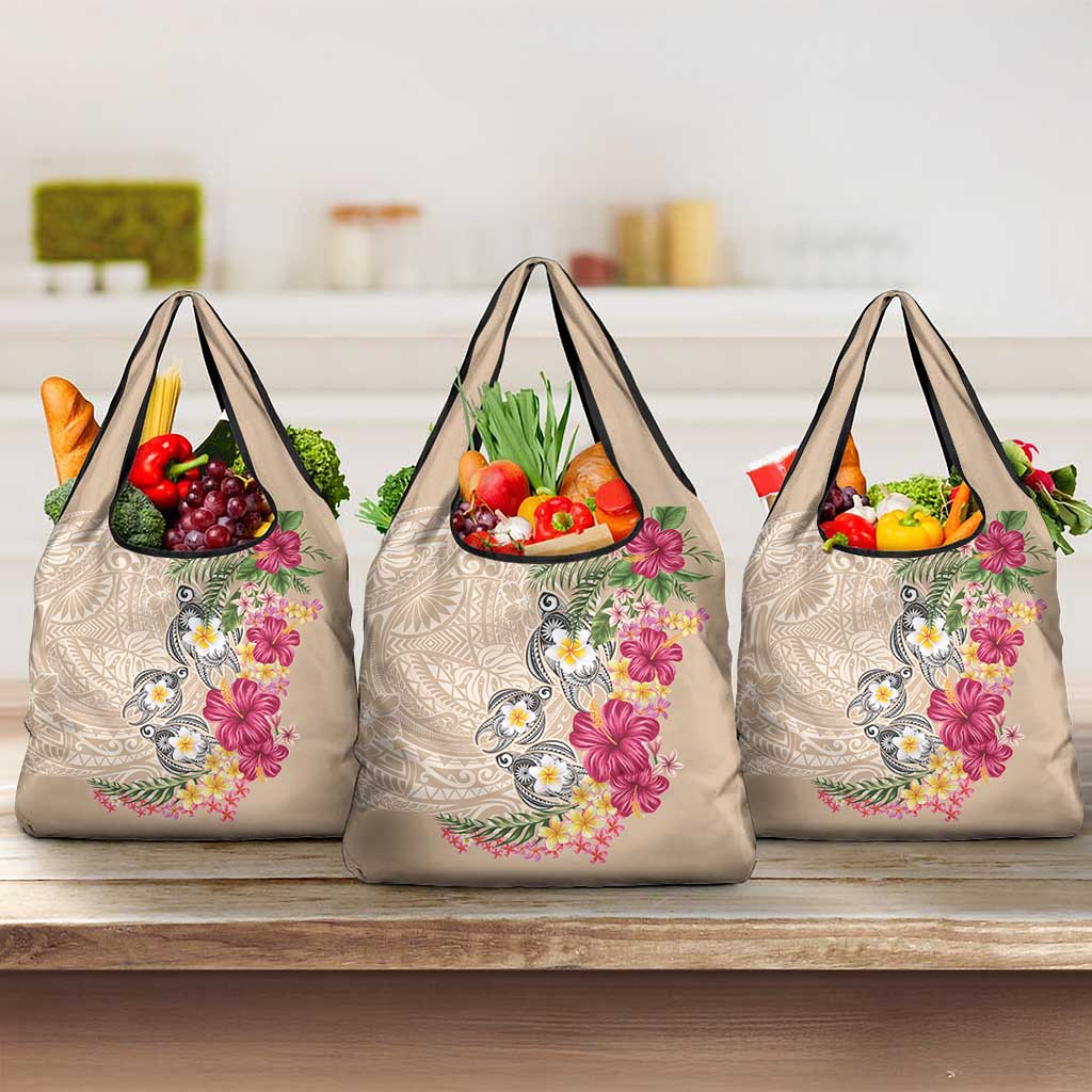 Hawaiian Tropical Flowers and Tribal Turtles Grocery Bag Polynesian Art Motifs Beige Color - Polynesian Pride