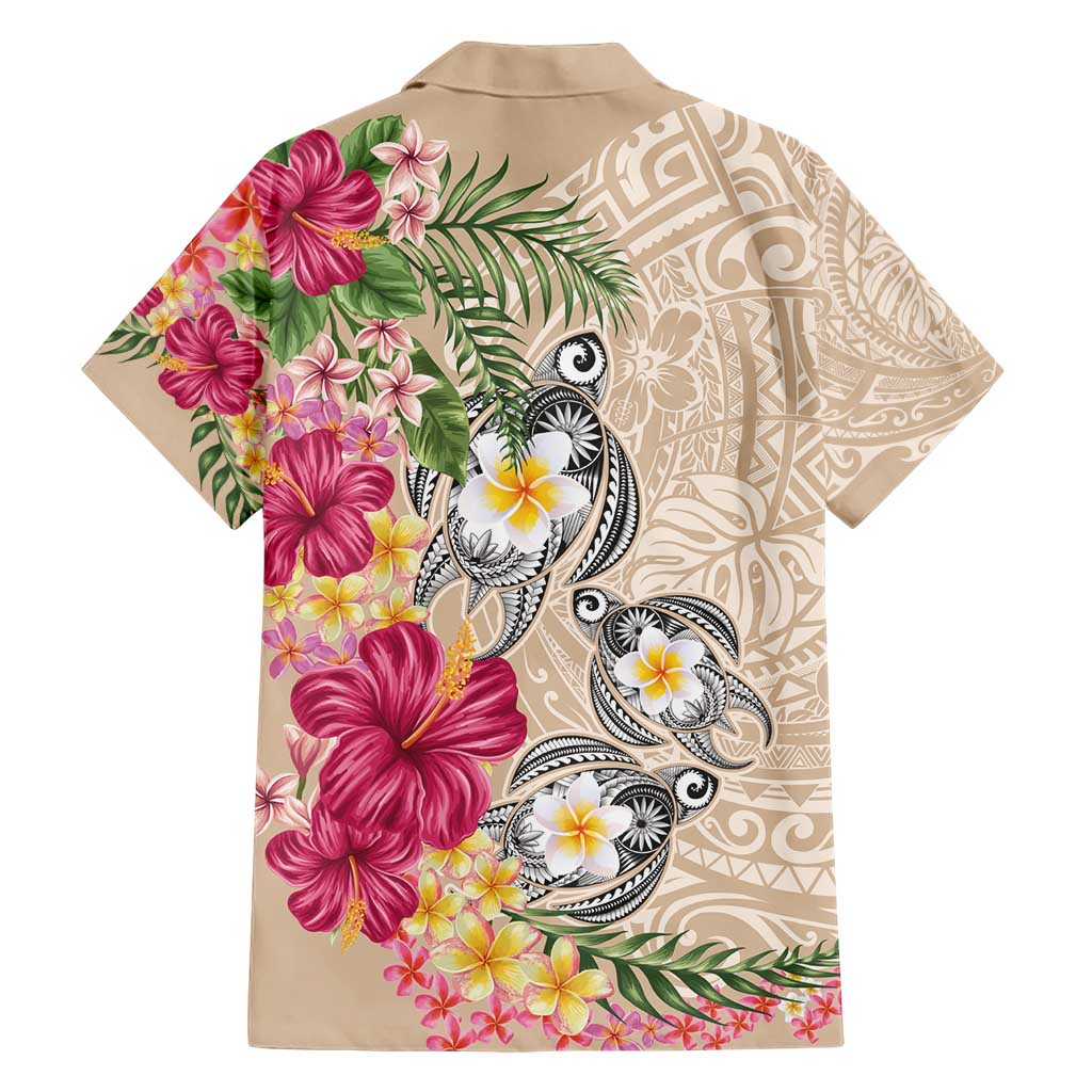 Hawaiian Tropical Flowers and Tribal Turtles Hawaiian Shirt Polynesian Art Motifs Beige Color - Polynesian Pride