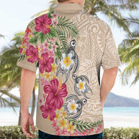 Hawaiian Tropical Flowers and Tribal Turtles Hawaiian Shirt Polynesian Art Motifs Beige Color - Polynesian Pride