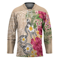 Hawaiian Tropical Flowers and Tribal Turtles Hockey Jersey Polynesian Art Motifs Beige Color - Polynesian Pride