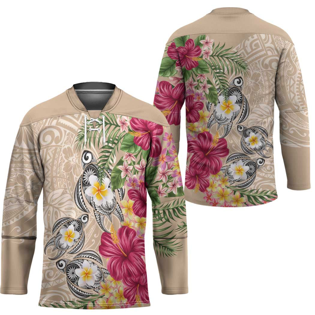 Hawaiian Tropical Flowers and Tribal Turtles Hockey Jersey Polynesian Art Motifs Beige Color - Polynesian Pride